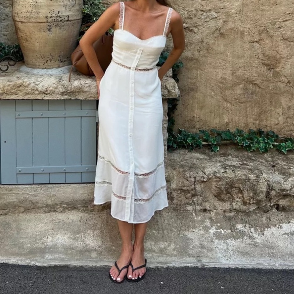 Reformation Ivory Lace-Trim Button-Front Midi Dress